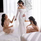 Elegant White Mermaid Strapless Off-The-Shoulder Beaded Lace Long Sleeves Cathedral Train Tulle Wedding Dress